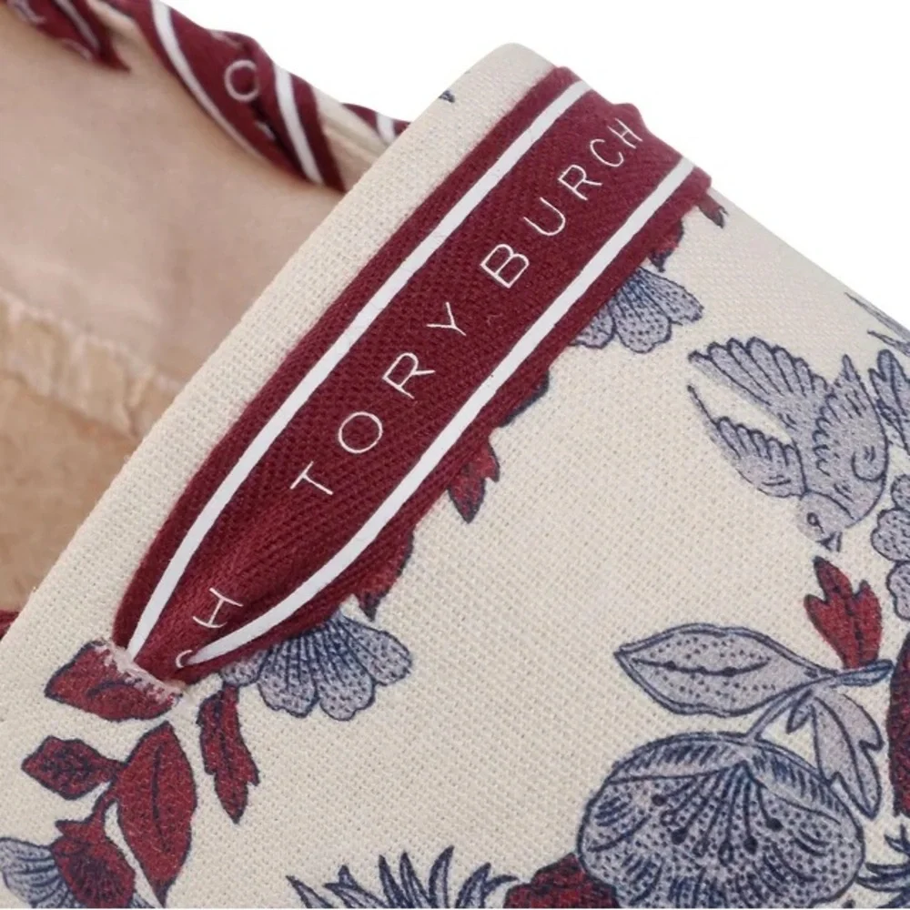 TORY BURCH Grosgrain Whipstitch Floral Imperial Garnet Espadrilles Flat,Sz 7,NIB